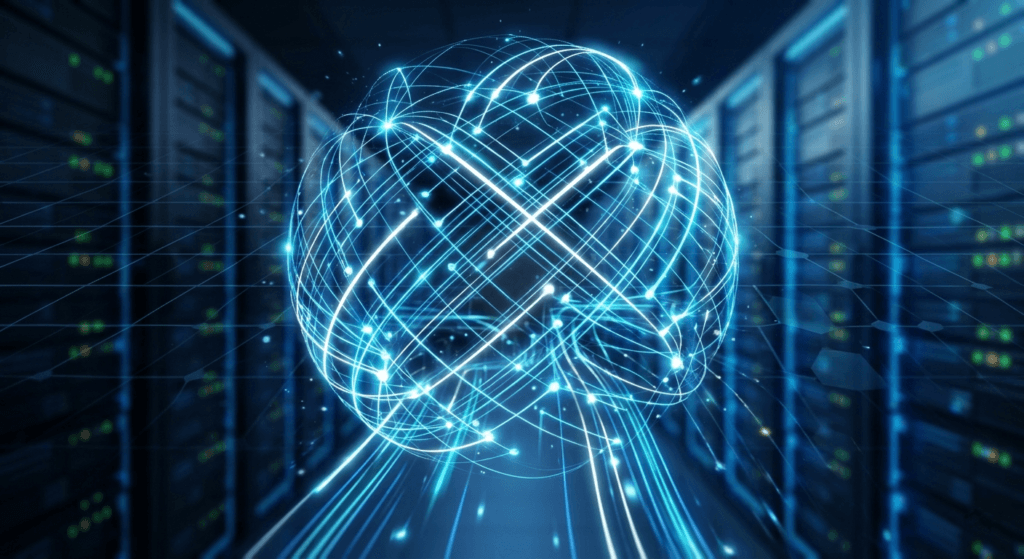 A futuristic blue digital network sphere with server racks for HostHavenLink web hosting and domain news.
