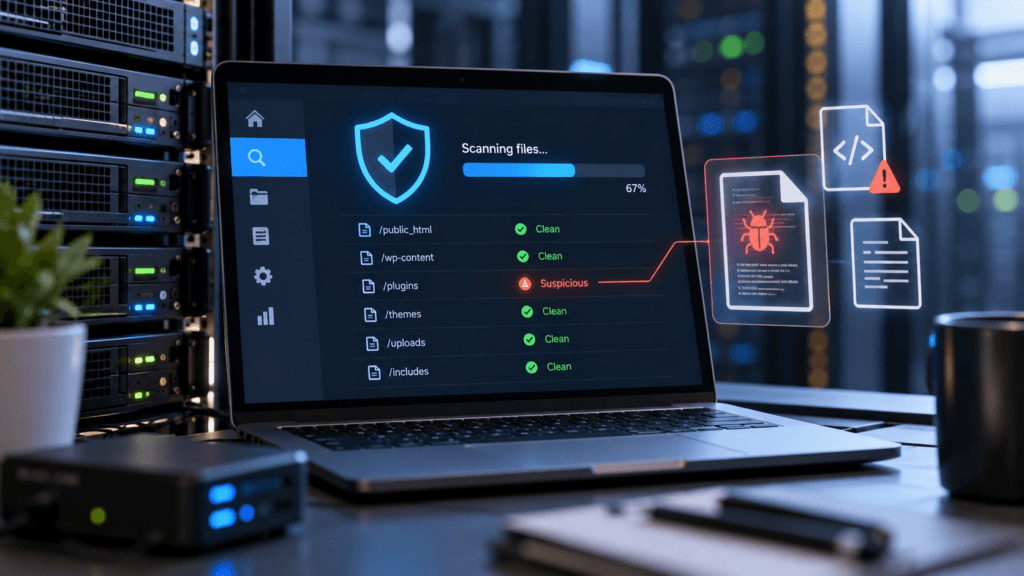 Laptop displaying a malware scanning dashboard beside server racks in a web hosting data center.